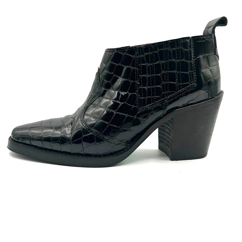 L’INTERVALLE BLACK LEATHER ANKLE BOOT WESTERN BOOT CROCODILE EMBOSSED BLOCK HEEL